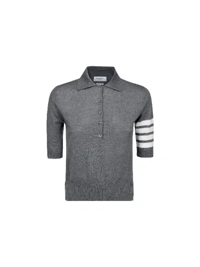 Thom Browne Merino Polo Top With Stripe Detail In Grey