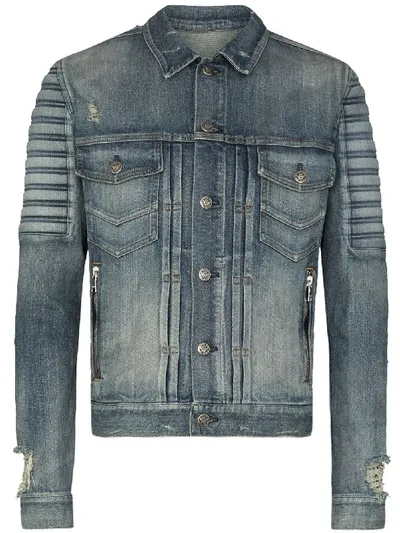 Balmain Monogram Embossed Denim Jacket In Blue