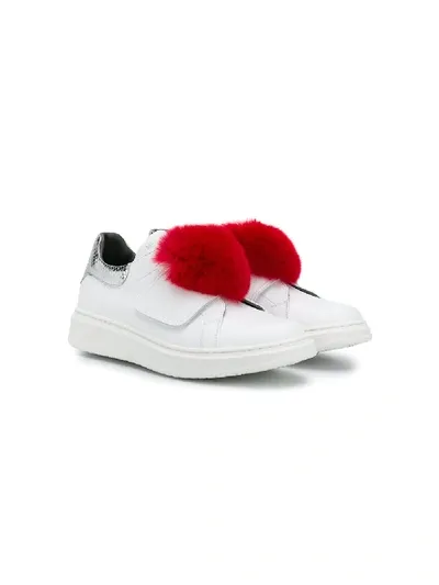 Monnalisa Teen Pom-pom Touch Strap Sneakers In White