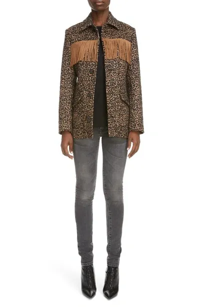 Saint Laurent Belted Fringed Leopard Wool-blend Jacquard Jacket In Brown