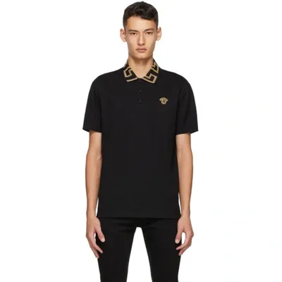 Versace Black Greca Collar Polo In Nero