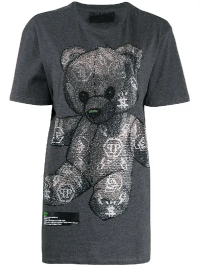 Philipp Plein Rhinestone Teddy Bear Jersey T-shirt In Grey