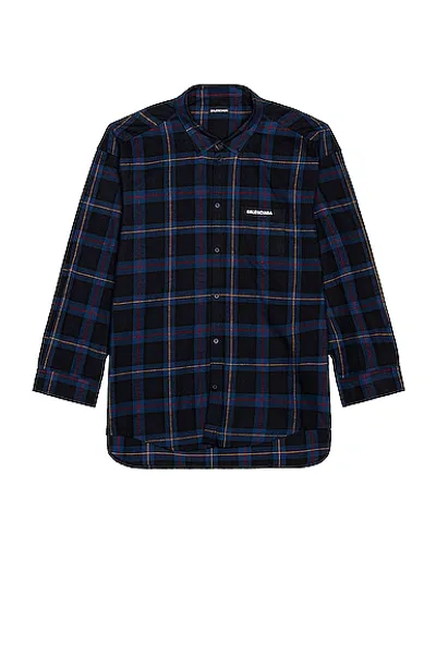 Balenciaga Logo-embroidered Checked Cotton-twill Shirt In Blue