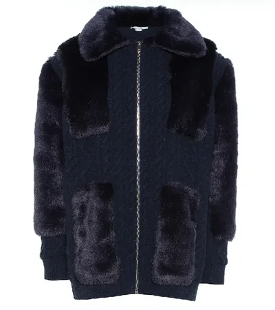 Stella Mccartney Virgin Wool And Faux Fur Cardigan In Blue