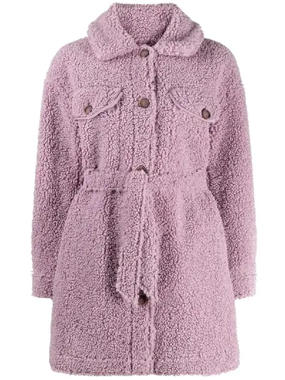 Urbancode Belted Faux-shearling Coat In Purple