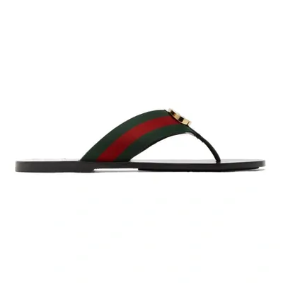 Gucci Logo-embellished Striped Webbing And Leather Flip Flops In Green Red Black