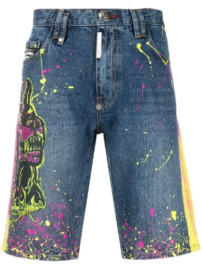 Philipp Plein Paint Splatter Denim Shorts In Blue