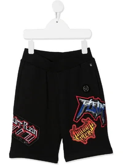 Philipp Plein Kids' Embellished Appliqué Patch Track Shorts In Black