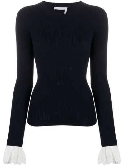 Chloé Frill-cuff Rib-knit Top In Blau