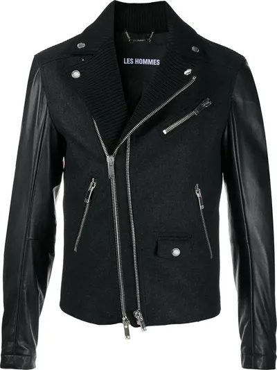 Les Hommes Panelled Biker Jacket In Black