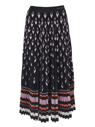 Valentino Pleated Printed Satin-jersey Midi Skirt In Black