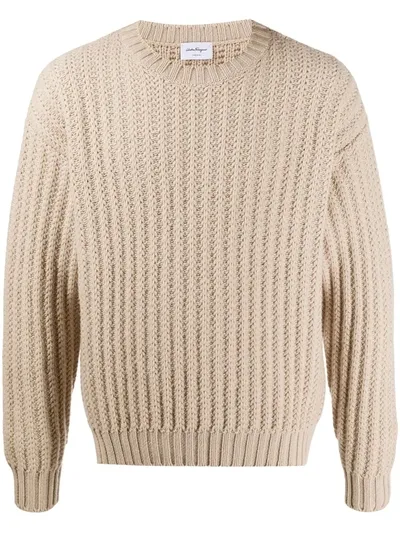 Ferragamo Ribbed Virgin Wool Jumper In Neutrals