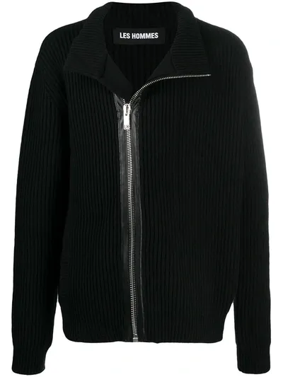 Les Hommes Zip-through Ribbed Sweater In Black