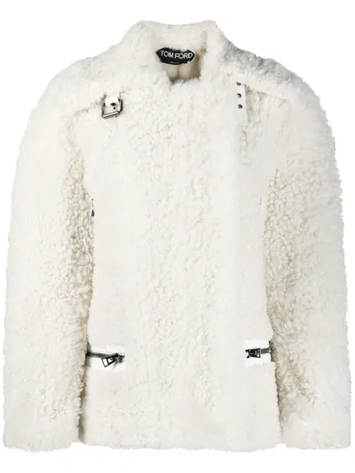 Tom Ford Shearling Biker Jacket In White