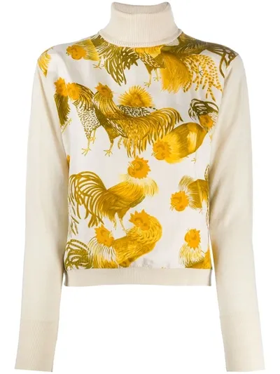 Pre-owned Hermes 2000s  Rooster Print Blouse In Neutrals