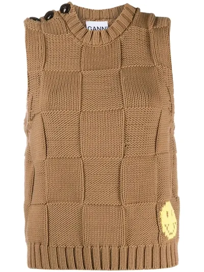 Ganni Square-knit Vest In Brown