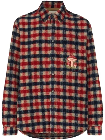 Gucci Mushroom Embroidery Check Shirt In Blau