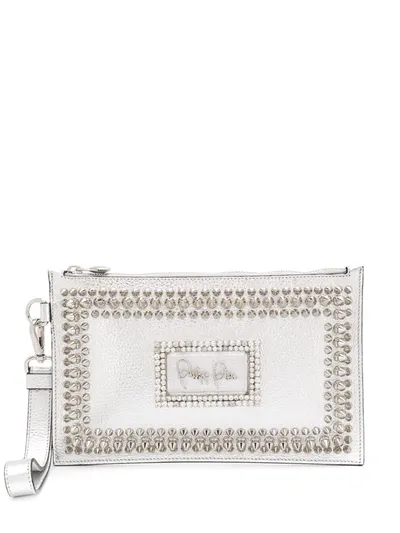 Philipp Plein Zipped Stud Detail Clutch Bag In Silver