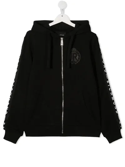 John Richmond Junior Teen Zip-front Logo Print Hoodie In Black