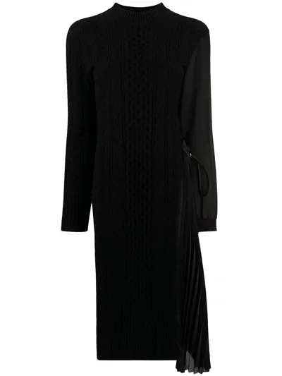 Sacai Pleat-side Cable Knit Sweater Dress In Black