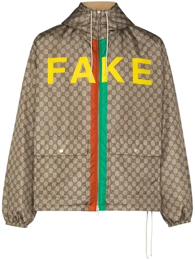 Gucci Gg Supreme Canvas 'not Fake'-print Jacket In Neutrals