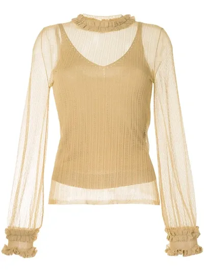 Fendi Sheer Open-knit Ruffle-trim Top In Neutrals