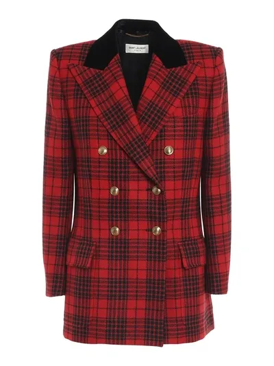 Saint Laurent Double-breasted Velvet-trimmed Checked Wool Blazer In Black