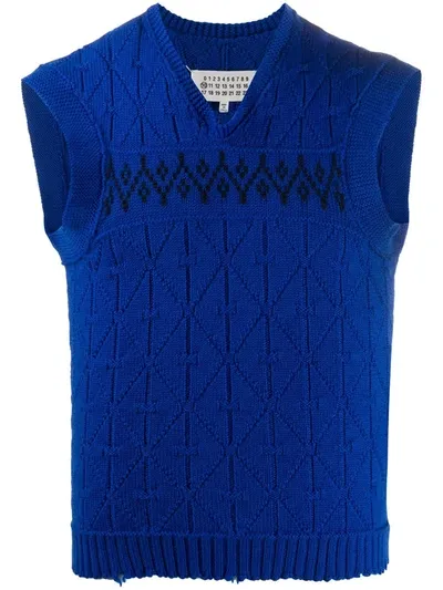 Maison Margiela Distressed Argyle V-neck Vest In Blue