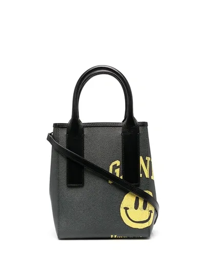 Ganni Logo Smiley Face Tote Bag In Black