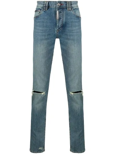 Philipp Plein Distressed Straight Jeans In Blue