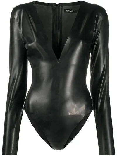 Saint Laurent V-neck Latex Bodysuit In Black