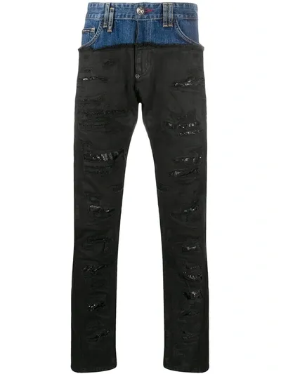 Philipp Plein Destroyed Patchwork Jeans In Blue