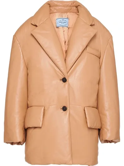 Prada Single-breasted Leather Jacket In Neutrals