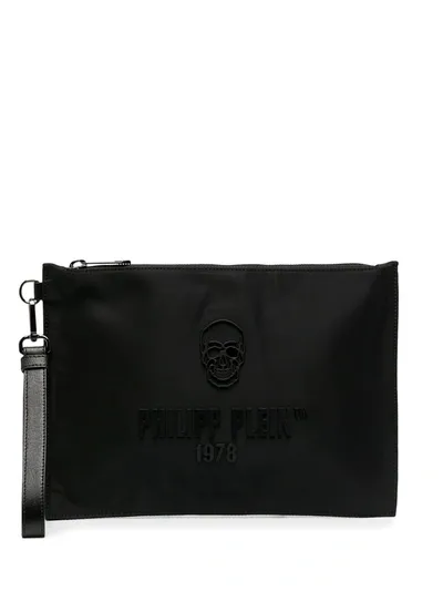 Philipp Plein Logo-plaque Zip Clutch In Black