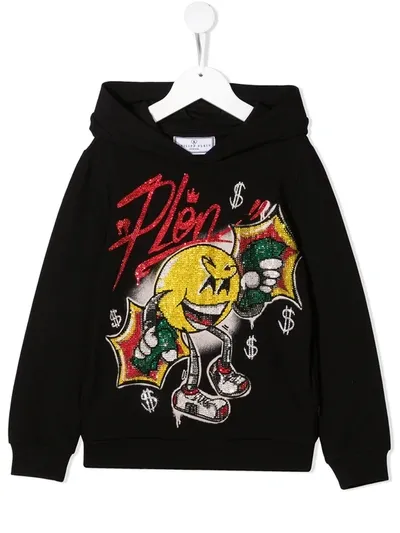 Philipp Plein Kids' Crystal-embellished Graphic Print Hoodie In Black