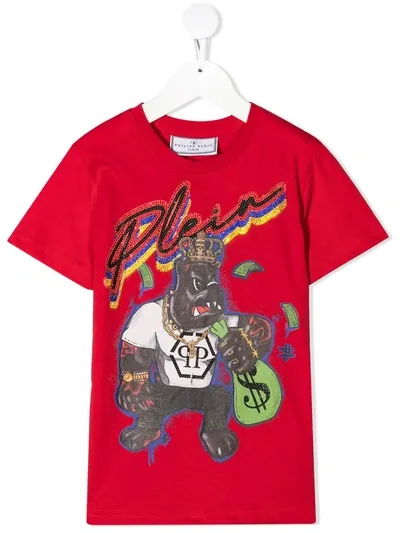 Philipp Plein Kids' Short-sleeved Dollar Print T-shirt In Red