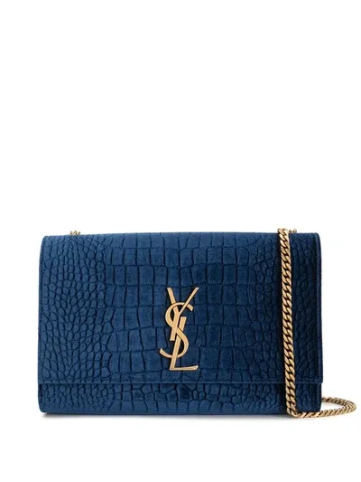 Saint Laurent Monogram Velvet Flap Bag In Blue