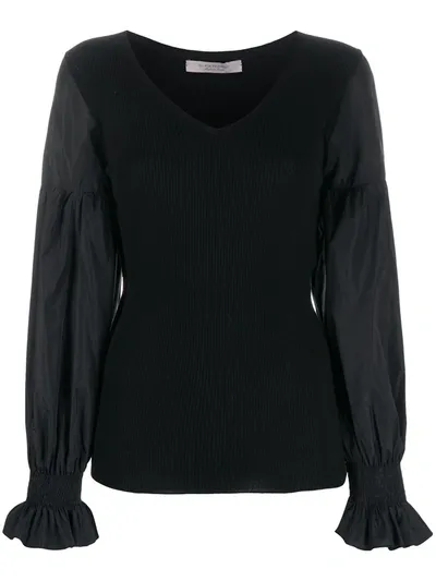 D-exterior Balloon-sleeve Ribbed Top In Black