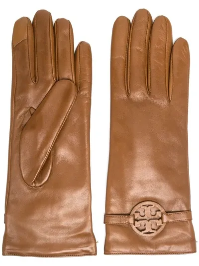 Tory Burch Logo Patch Leather Gloves In Brown