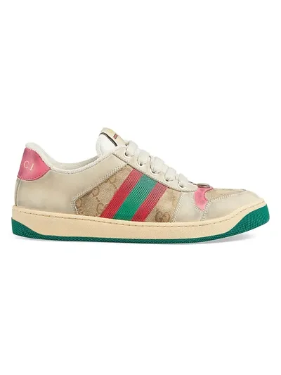 Gucci Worn Screener Leather Sneakers In Beige