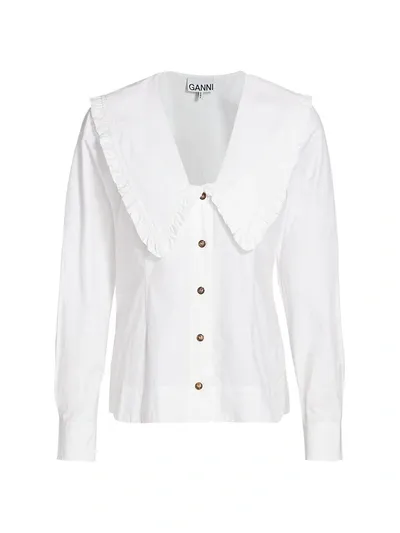 Ganni Women's Cotton Poplin Pilgrim Collar Top In White