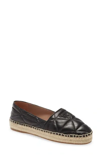 Prada Quilted Leather Logo Flat Espadrilles In Black