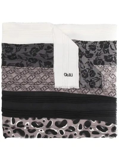 Liu •jo Printed Raw-edge Scarf In Black