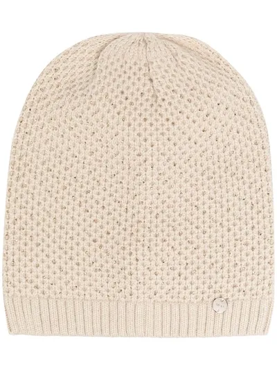 Liu •jo Logo-patch Knitted Beanie In Neutrals