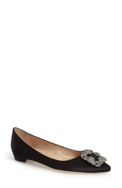 Manolo Blahnik Hangisi Satin Ballet Flats With Jewel Buckle In Black