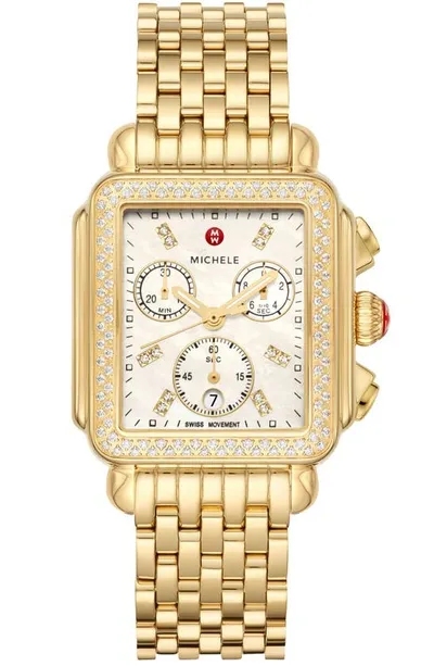 Michele Deco Stainless Steel & Diamond Dial Bracelet Watch In Gold