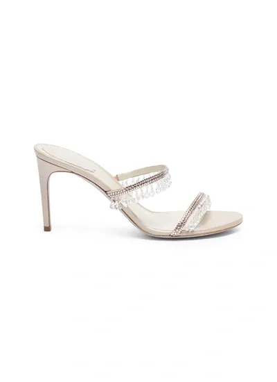 René Caovilla Double Strap Chandelier Strass Embellished Satin Heel Sandals In Neutral