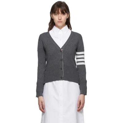 Thom Browne Classic V-neck Cardigan In Cashmere With White 4-bar Sleeve Stripe In 035 Med Grey