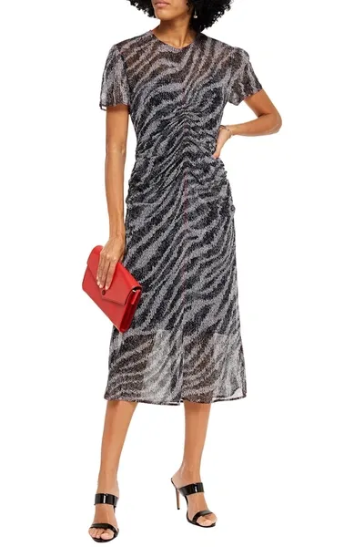 Rag & Bone Maris Ruched Zebra-print Silk-georgette Midi Dress In Black Multi