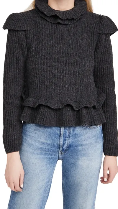 Ganni Open-back Ruffled Ribbed Wool-blend Sweater In Grey